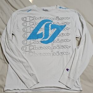 Champion White and Blue Logo Long Sleeve Tee